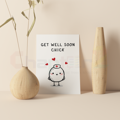 cute nurse chick get well soon greeting card featuring illustrated bird in nurse hat