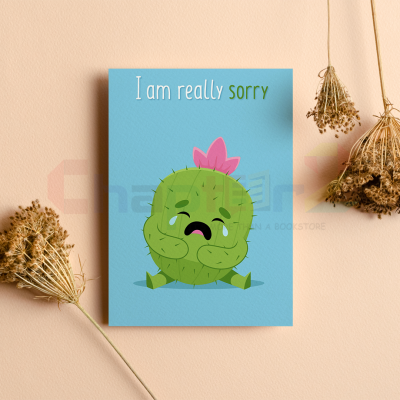 cute illustrated crying cactus i am really sorry greeting card on sky blue background
