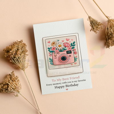 happy birthday greeting card for best friend featuring polaroid camera and floral design