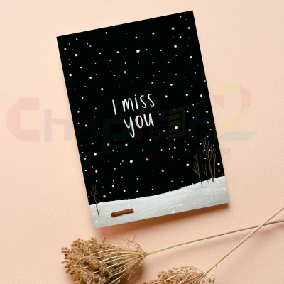 snowy winter night landscape with starry sky and bench i miss you greeting card