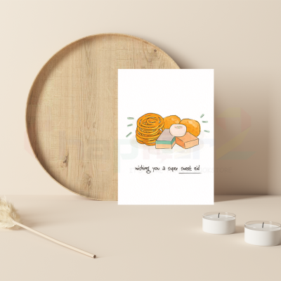 sweet desi mithai eid greeting card featuring traditional Pakistani sweets