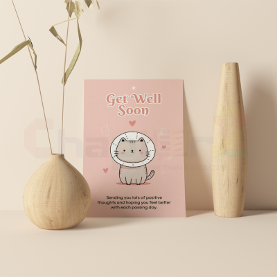 cute cat get well soon greeting card featuring illustrated kitten in recovery cone