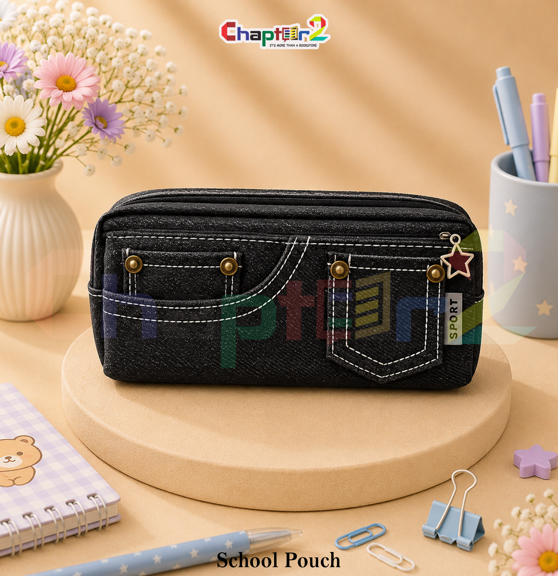 51010461 (0a) pencil pouch with jeans style pocket design shown upright on a display podium with cute stationery items surrounding it