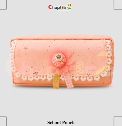 pencil pouch with floral lace trim and flower accent shown upright on a display podium with cute stationery items surrounding it