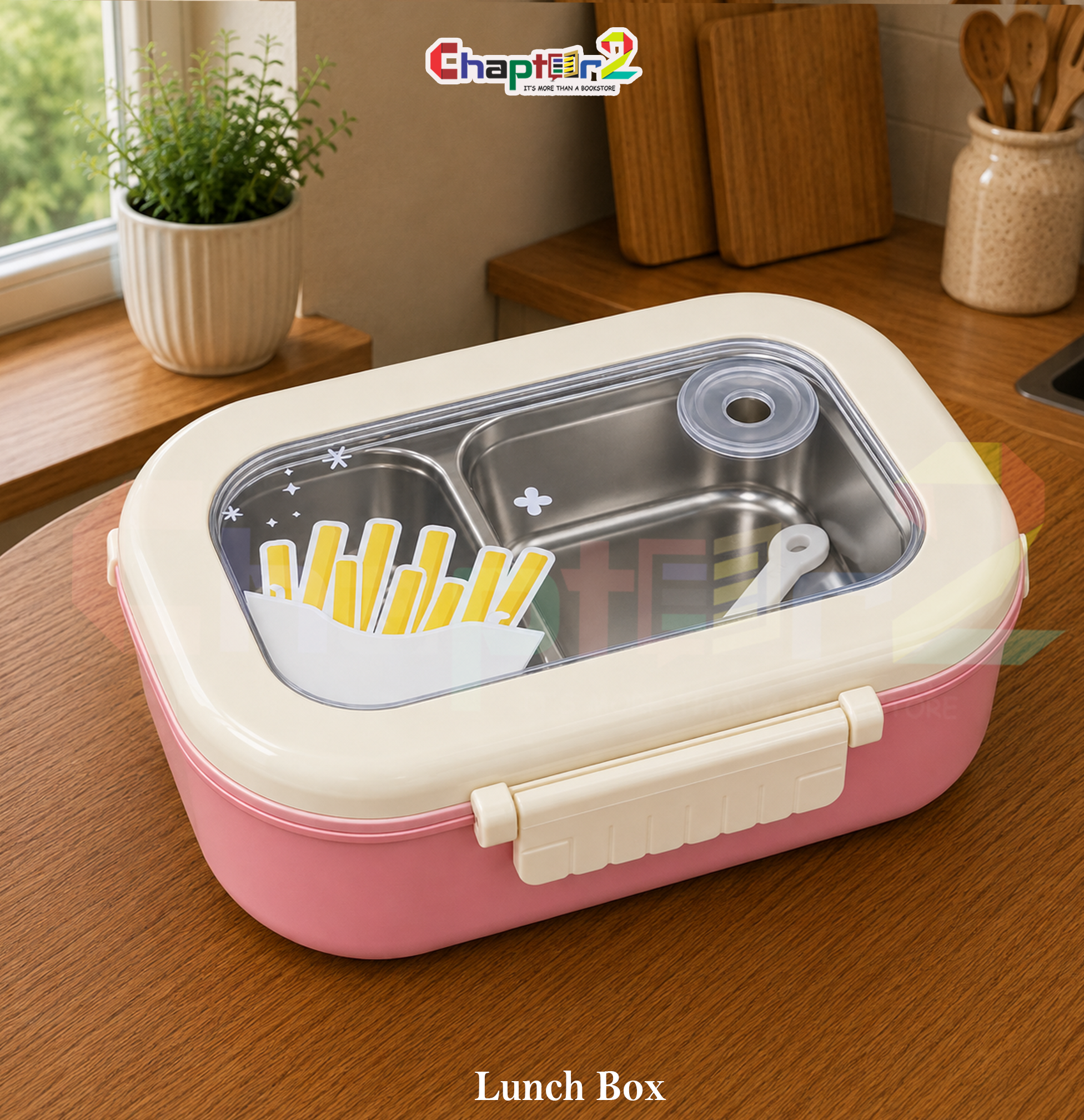 51010645 (2a) stainless steel compartment lunch box with pink base and french fries lid design