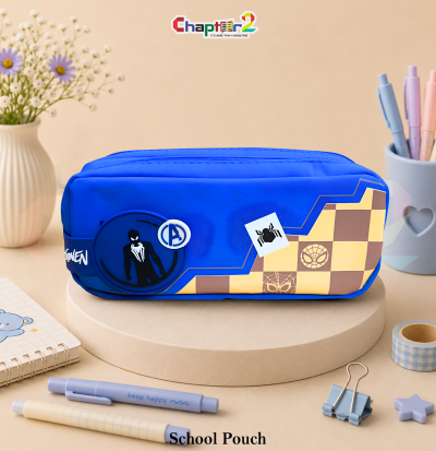 pencil pouch featuring Spider-Man shown upright on a display podium with cute stationery items surrounding it