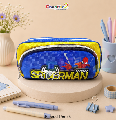 pencil pouch featuring Spider-Man shown upright on a display podium with cute stationery items surrounding it
