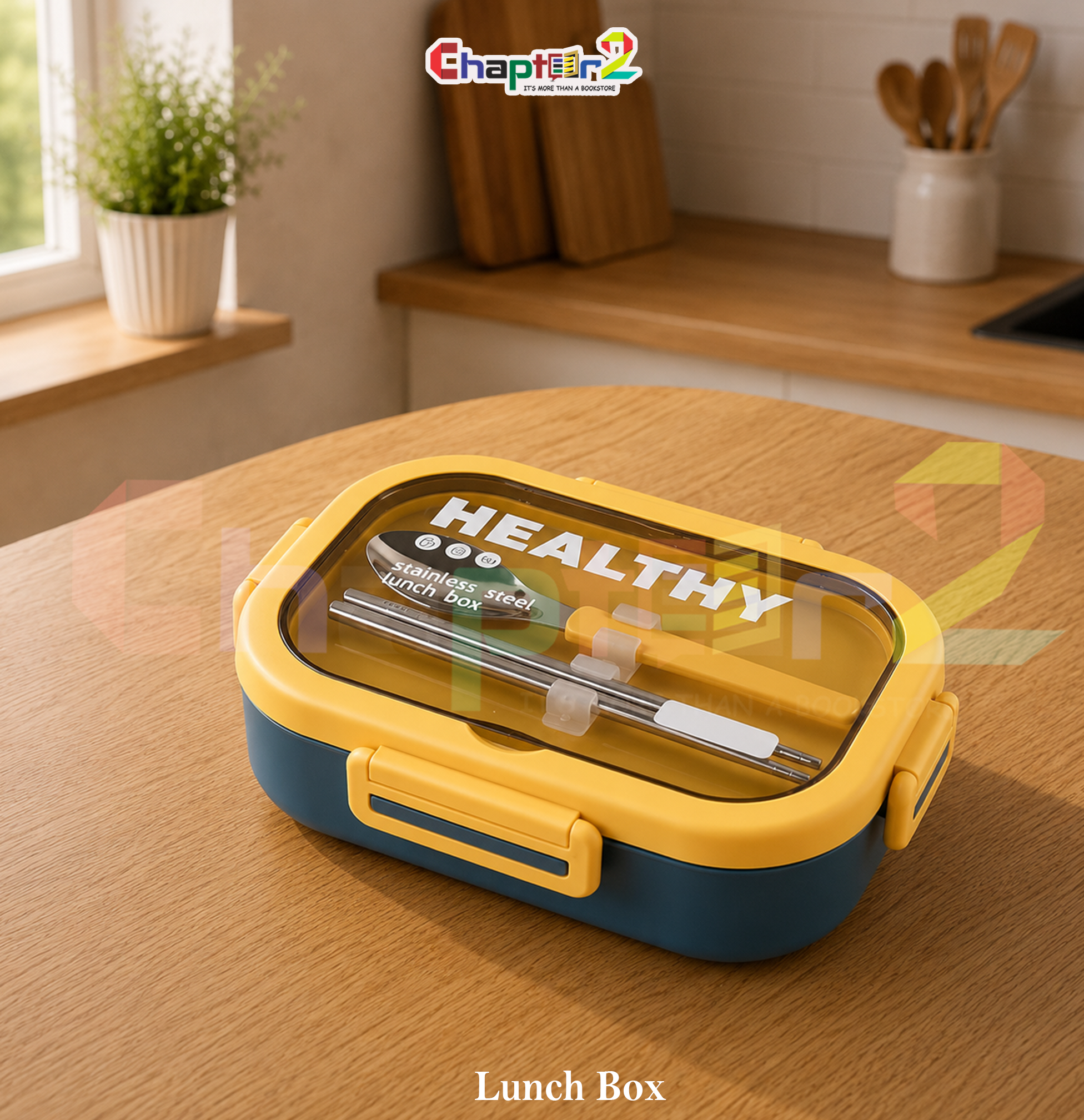 51015695 (0a) 304 stainless steel healthy 2-compartment lunch box shown open with yellow lid, spoon, and chopsticks against a neutral background
