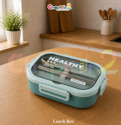 304 stainless steel healthy 2-compartment lunch box shown open with teal lid, spoon, and chopsticks