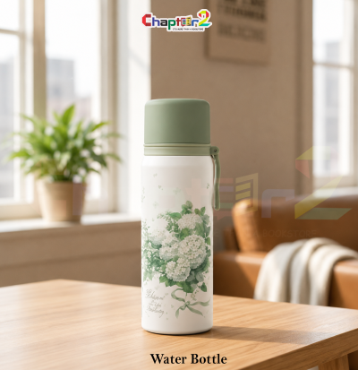 water bottle featuring botanical hydrangea aesthetic design shown upright on a wooden table with a cozy background