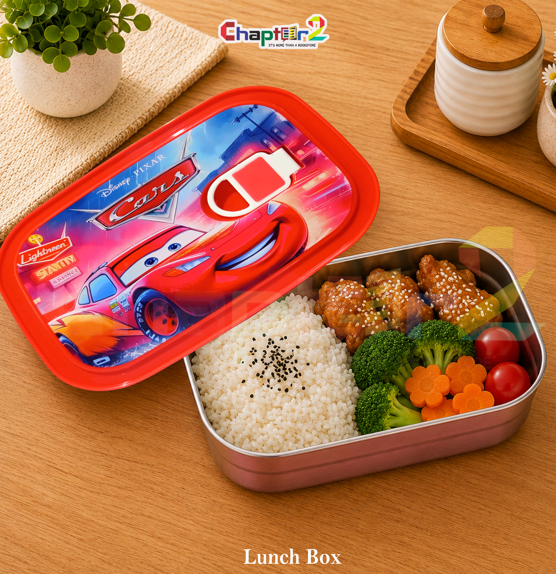 51028671 (2a) disney pixar cars red stainless steel kids lunch box lid with lightning mcqueen art and steam vent