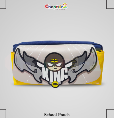 pencil pouch featuring Batman King shown upright on a display podium with cute stationery items surrounding it