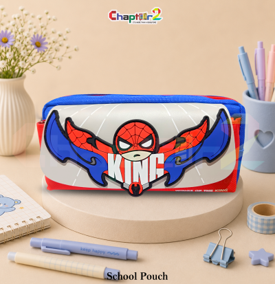 pencil pouch featuring Spider-Man King shown upright on a display podium with cute stationery items surrounding it