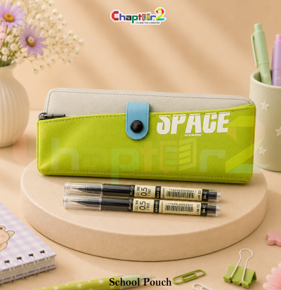 pencil pouch with space theme and button pocket design shown upright on a display podium with cute stationery items surrounding it