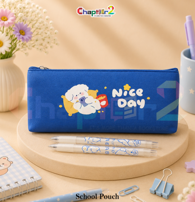 pencil pouch with cute dog and Nice Day text design shown upright on a display podium with cute stationery items surrounding it