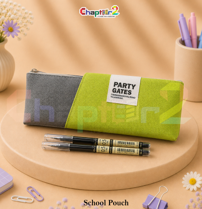 Close-up view of the diagonal color split, textured fabric, and PARTY GATES patch on the pencil pouch