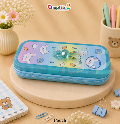 pencil pouch featuring cute space rabbit design shown upright on a display podium with cute stationery items surrounding it