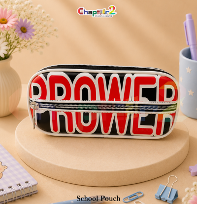 pencil pouch with bold POWER typography design shown upright on a display podium with cute stationery items surrounding it