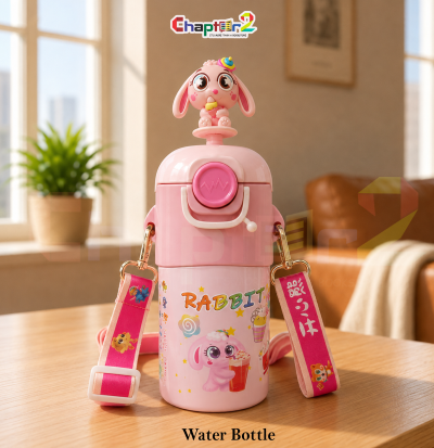 water bottle featuring 3d rabbit character and pink strap design shown upright on a wooden table with a cozy background