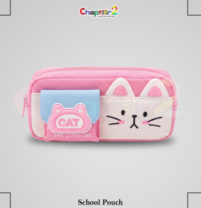 pencil pouch with cute cat face and pocket design shown upright on a display podium with cute stationery items surrounding it