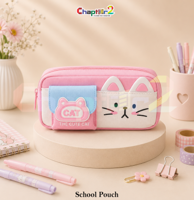 pencil pouch with cute cat face and pocket design shown upright on a display podium with cute stationery items surrounding it