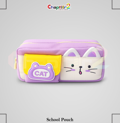 pencil pouch with cute cat face and pocket design shown upright on a display podium with cute stationery items surrounding it