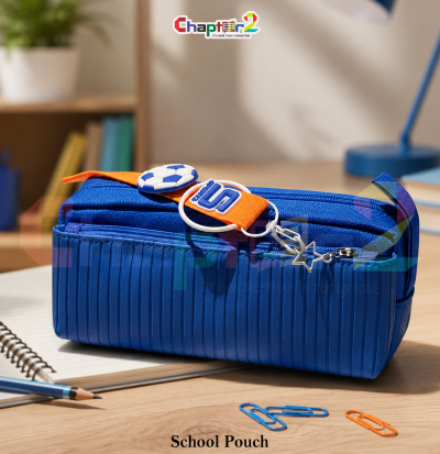 pencil pouch with soccer ball and number 5 sports design shown on a wooden study desk with stationery items