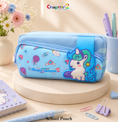 pencil pouch featuring Magic Unicorn shown upright on a display podium with cute stationery items surrounding it