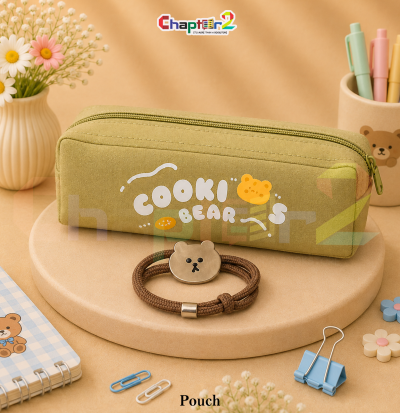 pencil pouch featuring Cookie Bear graphic and text shown upright on a display podium with cute stationery items surrounding it