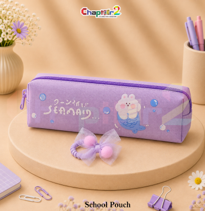 pencil pouch featuring mermaid character and bubbles shown upright on a display podium with cute stationery items surrounding it