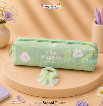 pencil pouch featuring The Rabbit design and floral motifs shown upright on a display podium with cute stationery items surrounding it