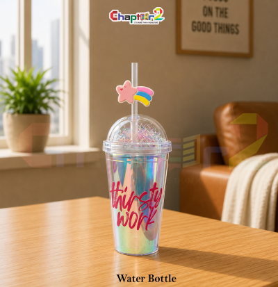 water bottle featuring thirsty work holographic and shooting star design shown upright on a wooden table with a cozy background