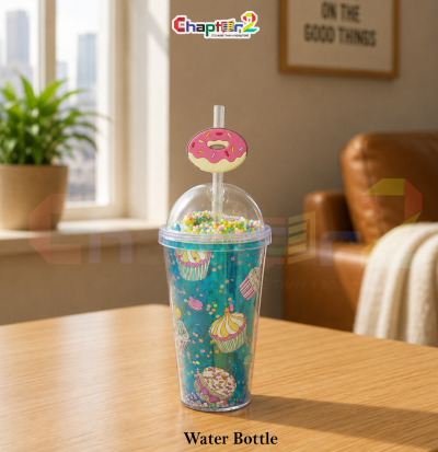 water bottle featuring cupcake and donut turquoise tumbler design shown upright on a wooden table with a cozy background