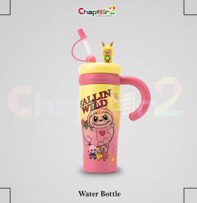 water bottle featuring fallin wild monster and yellow-pink gradient design