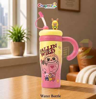 water bottle featuring fallin wild monster and yellow-pink gradient design