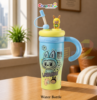 water bottle featuring hello blue monster character design