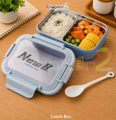 open blue new b stainless steel lunch box with 2 compartments spoon and clear locking lid