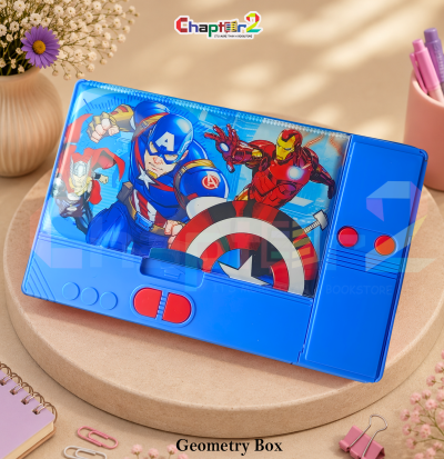 geometry box featuring Avengers superhero design shown upright on a display podium with cute stationery items surrounding it