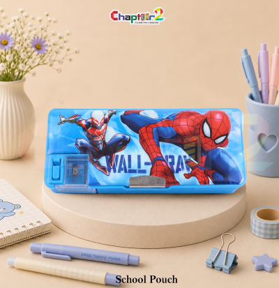 geometry box featuring Spider-Man action design and built-in sharpener shown upright on a display podium with cute stationery items surrounding it