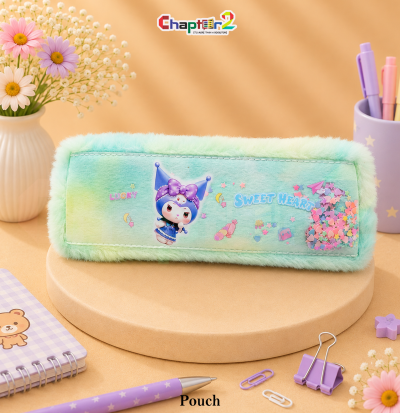 pencil pouch featuring fluffy faux-fur frame and cartoon character design shown upright on a display podium with cute stationery items surrounding it