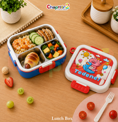 open blue and red tedemei 3 compartment stainless steel kids bento lunch box with cutlery tray and cute monster lid