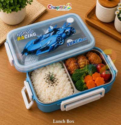 open blue racing car 2 compartment stainless steel kids lunch box