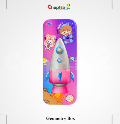 pencil box featuring space rocket and cosmic character design shown upright on a display podium with cute stationery items surrounding it