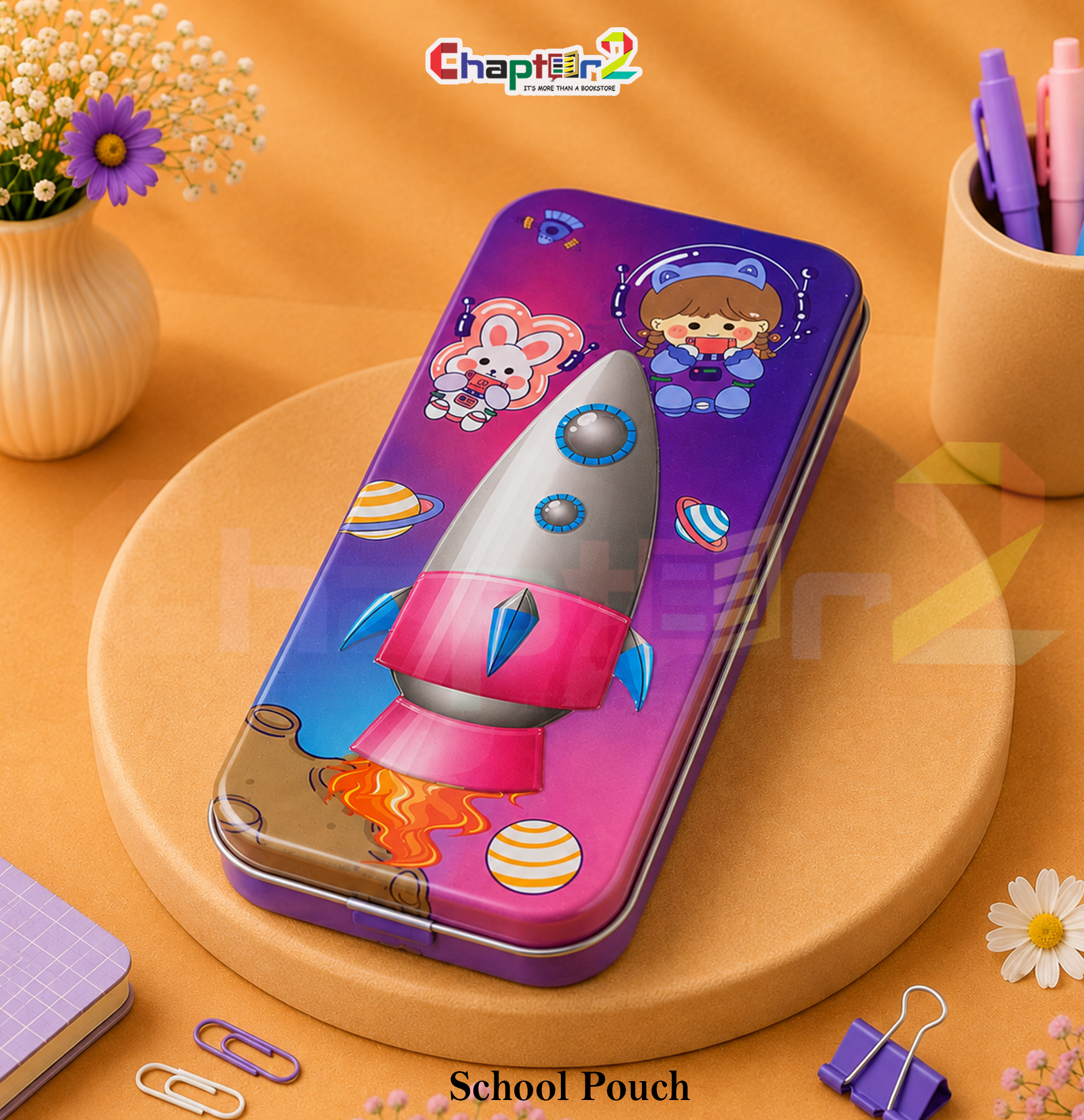 51065676 (1a) pencil box featuring space rocket and cosmic character design shown upright on a display podium with cute stationery items surrounding it