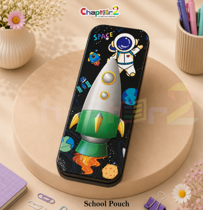 pencil box featuring 3D rocket and space exploration design shown upright on a display podium with cute stationery items surrounding it