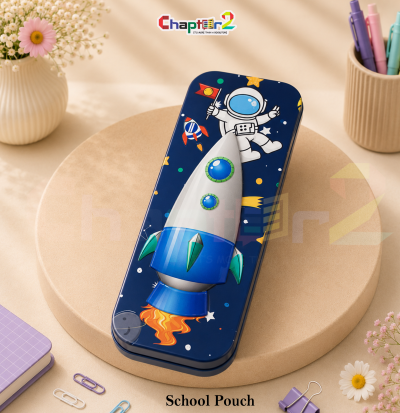 pencil box featuring 3D blue rocket and astronaut design shown upright on a display podium with cute stationery items surrounding it