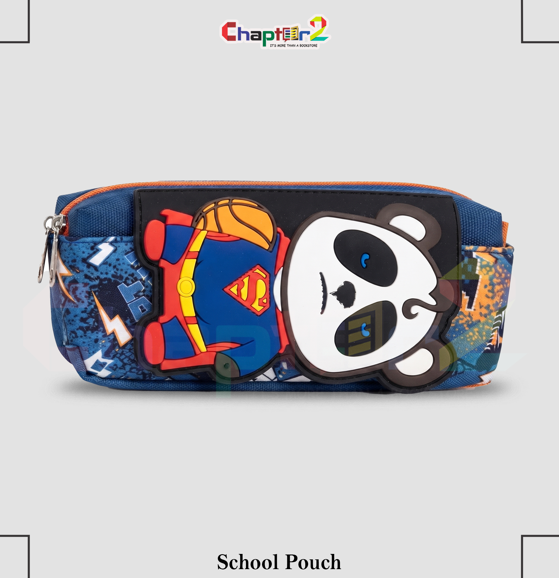 51065706 (2) pencil pouch featuring superhero panda holding a basketball shown upright on a display podium with cute stationery items surrounding it