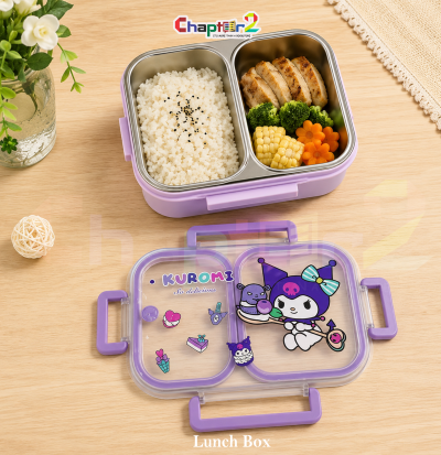purple kuromi 2 compartment stainless steel kids lunch box with clear locking lid