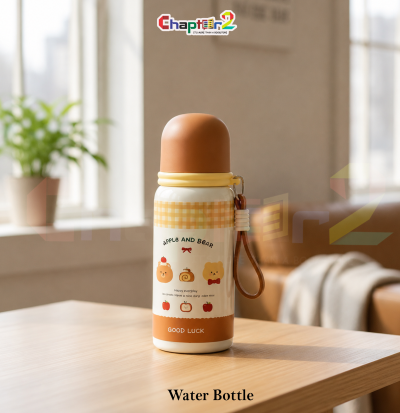 water bottle featuring apple and bear yellow plaid design shown upright on a wooden table with a cozy background