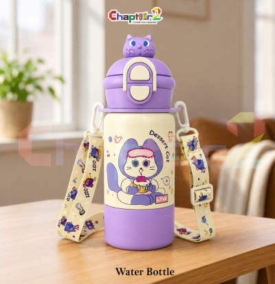 water bottle featuring dessert cat design and strap shown upright on a wooden table with a cozy background